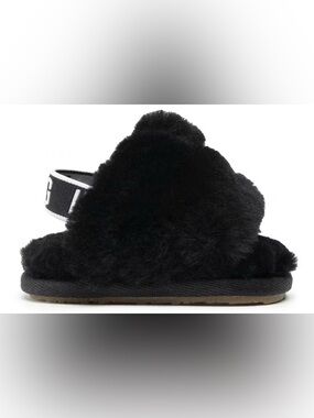 UGG Black Fuzzy Shearling Slide with Branded Elastic Strap